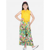 Yellow-Multicolor rayon flamingo print sleeveless jumpsuit for girls, vibrant summer outfit