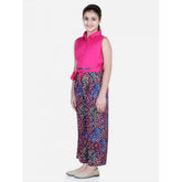 Multicolor girls' bodice-rayon color block sleeveless jumpsuit, polyester crepe bottom with shirt collar