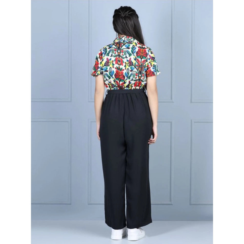 Multi-colored black polyester printed short sleeves girls' jumpsuit, vibrant design on display stand