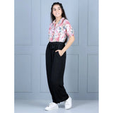 White-Black polyester floral short sleeves jumpsuit for girls, featuring a shirt collar and long length