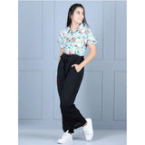 Green-Black polyester floral short sleeves jumpsuit for girls with shirt collar, ideal for casual wear or playtime