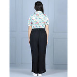 Green-Black polyester floral short sleeves jumpsuit for girls, ideal for casual wear