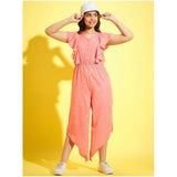 Pink polyester floral sleeveless jumpsuit for girls on a hanger, vibrant floral pattern visible