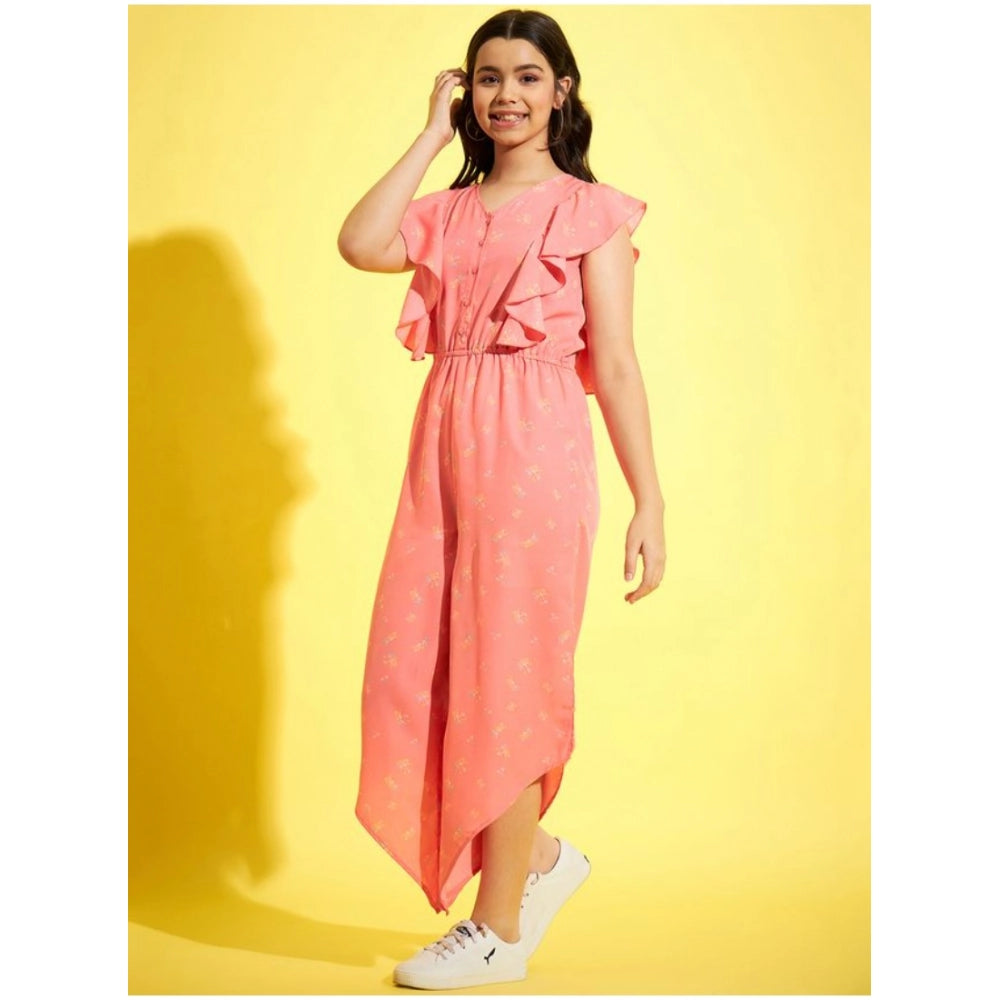 Pink polyester floral sleeveless jumpsuit for girls, V-neck style on model