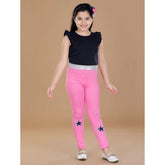 Pink cotton lycra elasticated leggings with star print for girls, ideal for activewear or casual wear