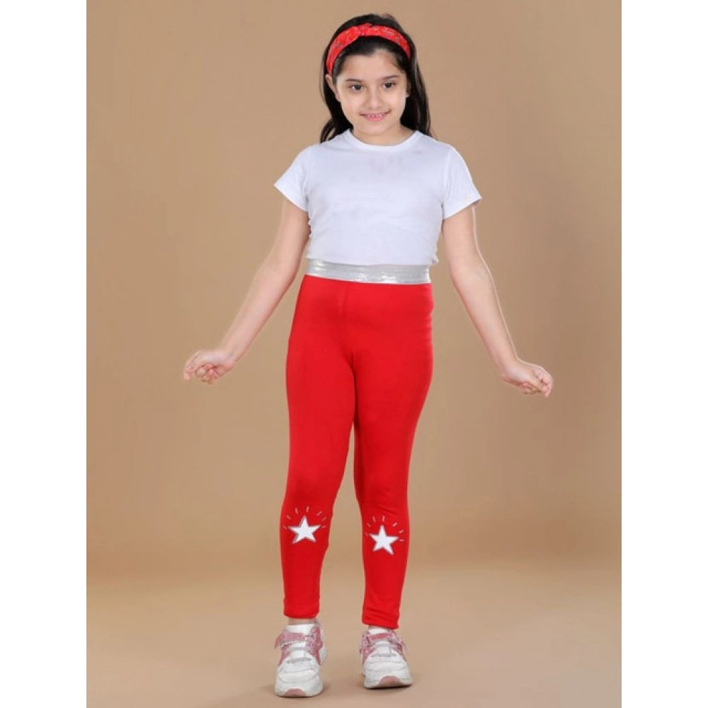 Red cotton lycra girl's star print elasticated leggings, comfortable activewear for play