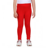Red cotton lycra elasticated leggings for girls, solid pattern