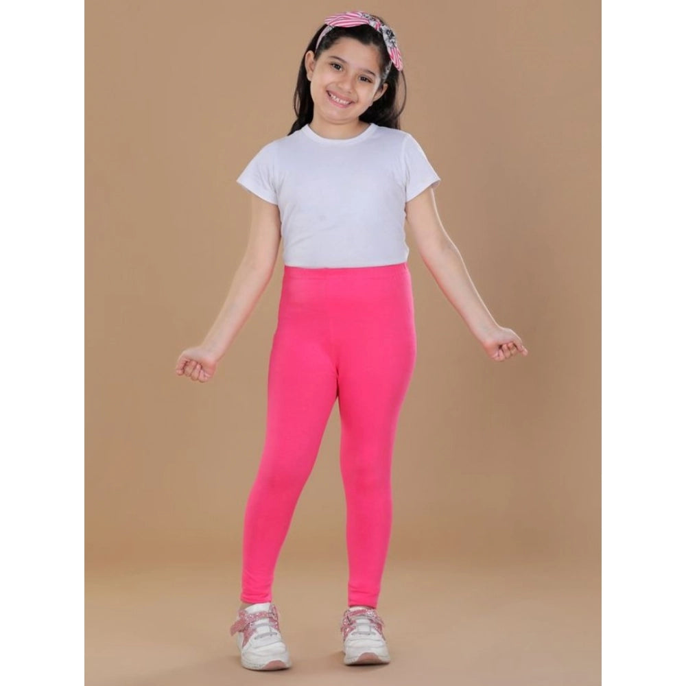 Pink cotton lycra elasticated leggings for girls, solid pattern, perfect for activewear