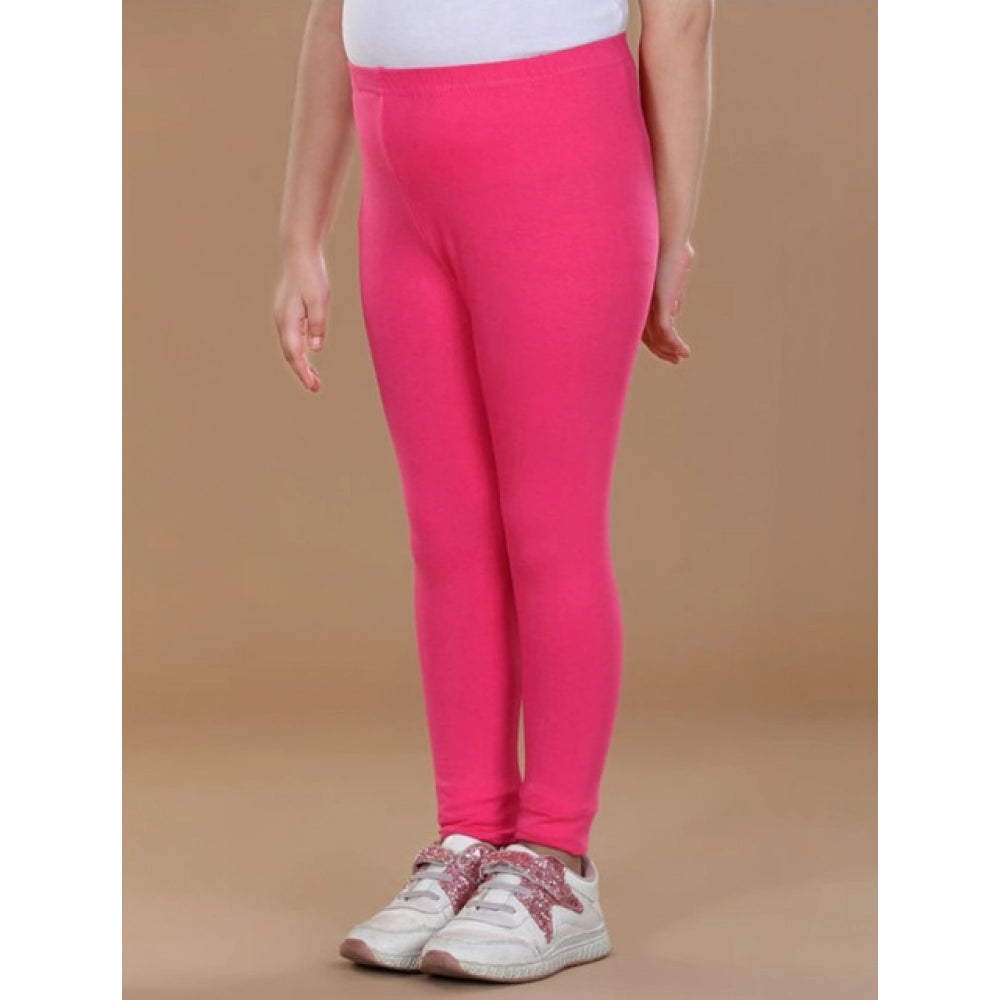Pink cotton lycra elasticated leggings for girls, solid pattern, activewear