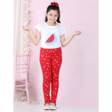 Red cotton lycra embellished elasticated leggings for girls, ideal for active wear