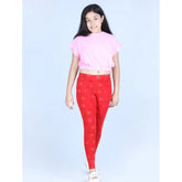 Red cotton lycra printed elasticated leggings for girls - perfect for activewear