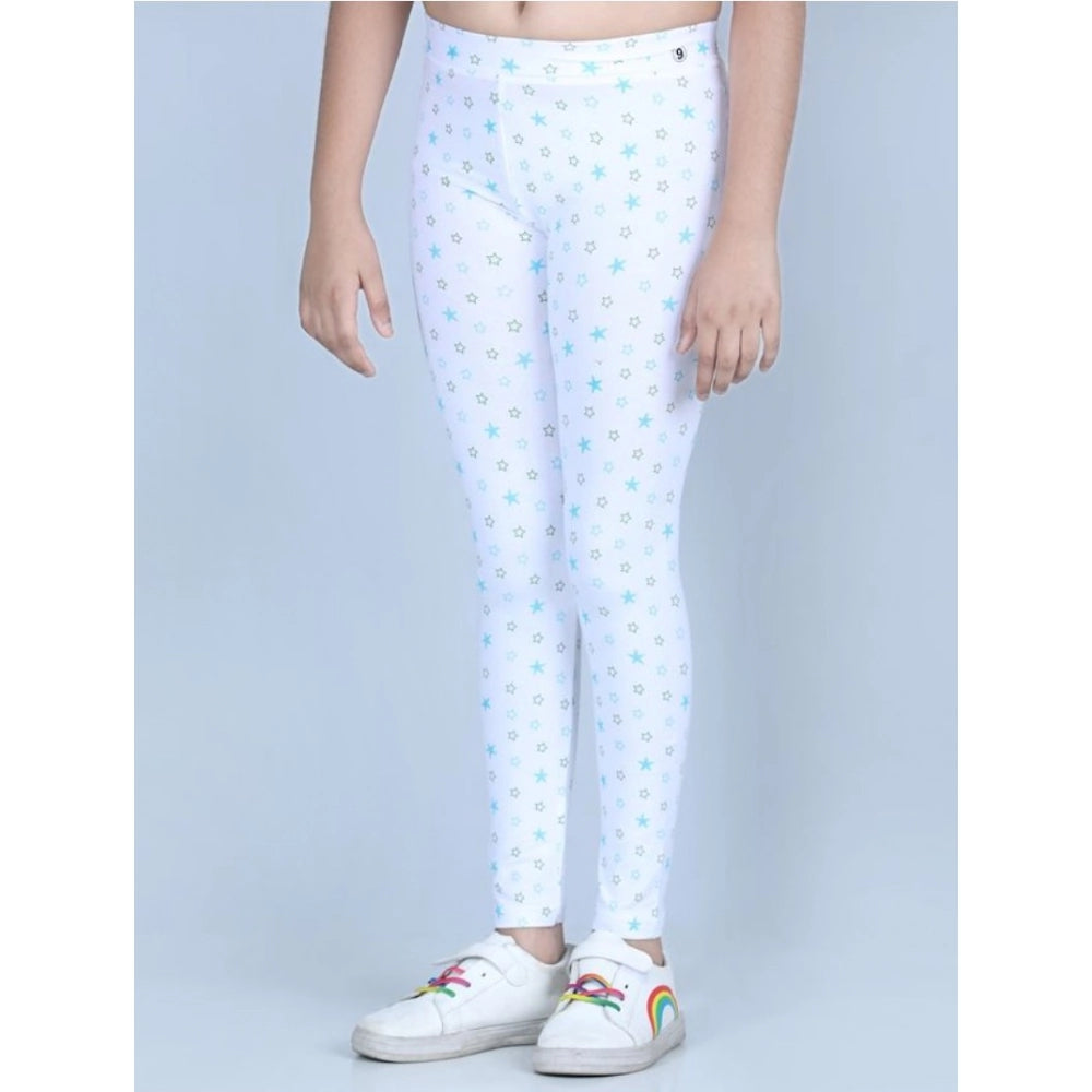 White cotton lycra printed elasticated leggings for girls, casual activewear on model