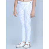 White cotton lycra printed elasticated leggings for girls, casual activewear on model