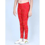 Red cotton-lycra printed elasticated leggings for girls, ideal for active play