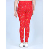 Red cotton-lycra printed elasticated leggings for girls, vibrant pattern detail