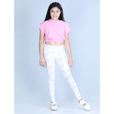 White cotton lycra printed elasticated leggings for girls - vibrant pattern, comfortable activewear for play