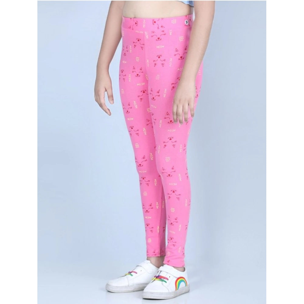Pink cotton-lycra printed elasticated leggings for girls, perfect for active play