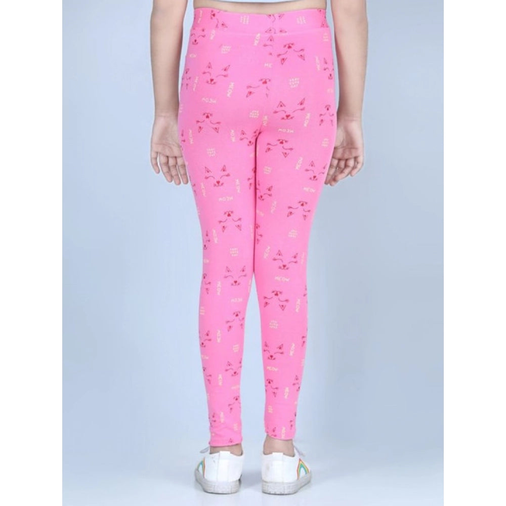Pink cotton lycra printed elasticated leggings for girls, casual activewear on model
