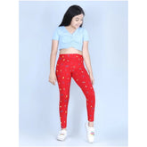 Red cotton lycra printed elasticated leggings for girls