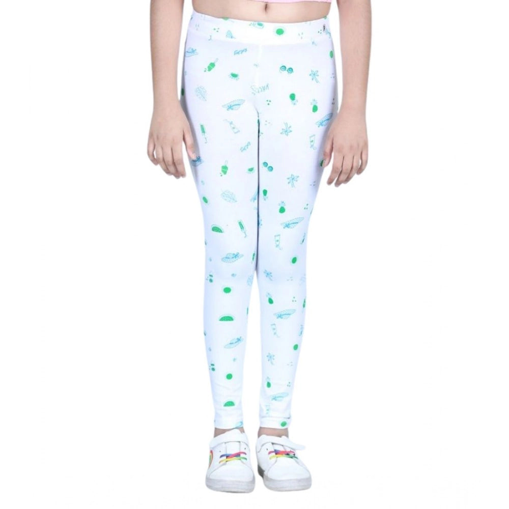 White cotton lycra printed elasticated leggings for girls, ideal for activewear and casual wear