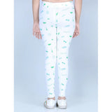 White cotton lycra printed elasticated leggings for girls, comfortable athletic wear with patterned design