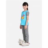 Blue-Grey cotton hosiery printed night suit set for girls on display, short sleeve round neck top and bottom with intricate print design
