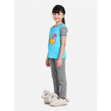 Blue-Grey cotton hosiery printed night suit set for girls on display, short sleeve round neck top and bottom with intricate print design