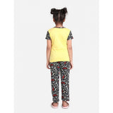 Yellow-Black cotton hosiery printed night suit set for girls, short sleeve round neck with intricate patterns