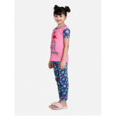 Pink-Blue cotton hosiery night suit set for girls, printed short sleeve top with round neck, on model
