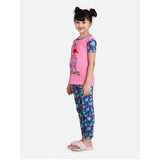 Pink-Blue cotton hosiery night suit set for girls, printed short sleeve top with round neck, on model