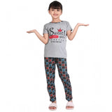 Grey-Red cotton hosiery printed night suit set for girls, short sleeve round neck top and bottoms on display