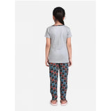 Grey-Red cotton hosiery printed night suit set for girls, short sleeve round neck