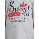 Grey-Red printed cotton hosiery night suit set for girls, short sleeves and round neck