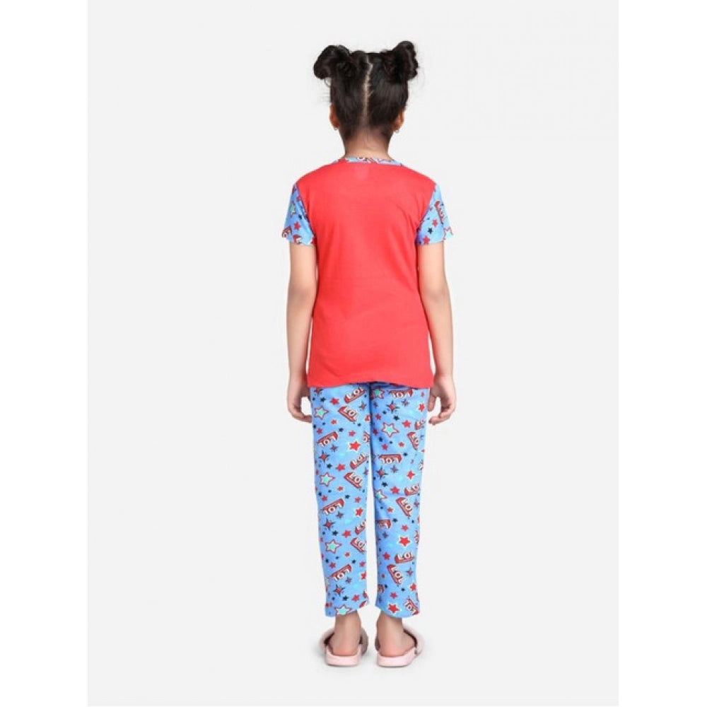 Red-Blue cotton hosiery printed night suit set for girls on bed