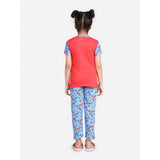 Red-Blue cotton hosiery printed night suit set for girls on bed