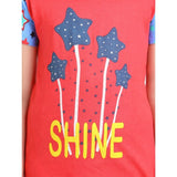 Red-Blue cotton hosiery night suit set for girls, printed with short sleeves and round neck