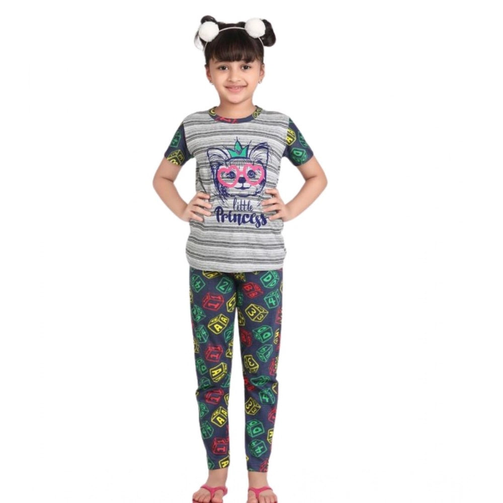 Grey-green cotton hosiery printed night suit set for girls, short sleeve round neck