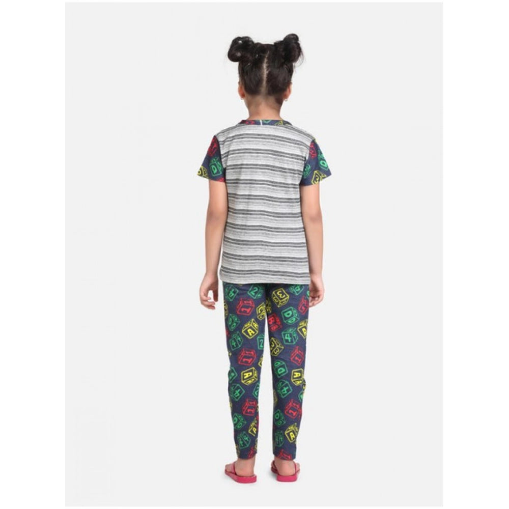 Grey-Green cotton hosiery print nightsuit set for girls on display rack