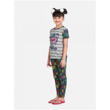 Grey-Green cotton hosiery printed night suit set for girls, short sleeve and round neck design