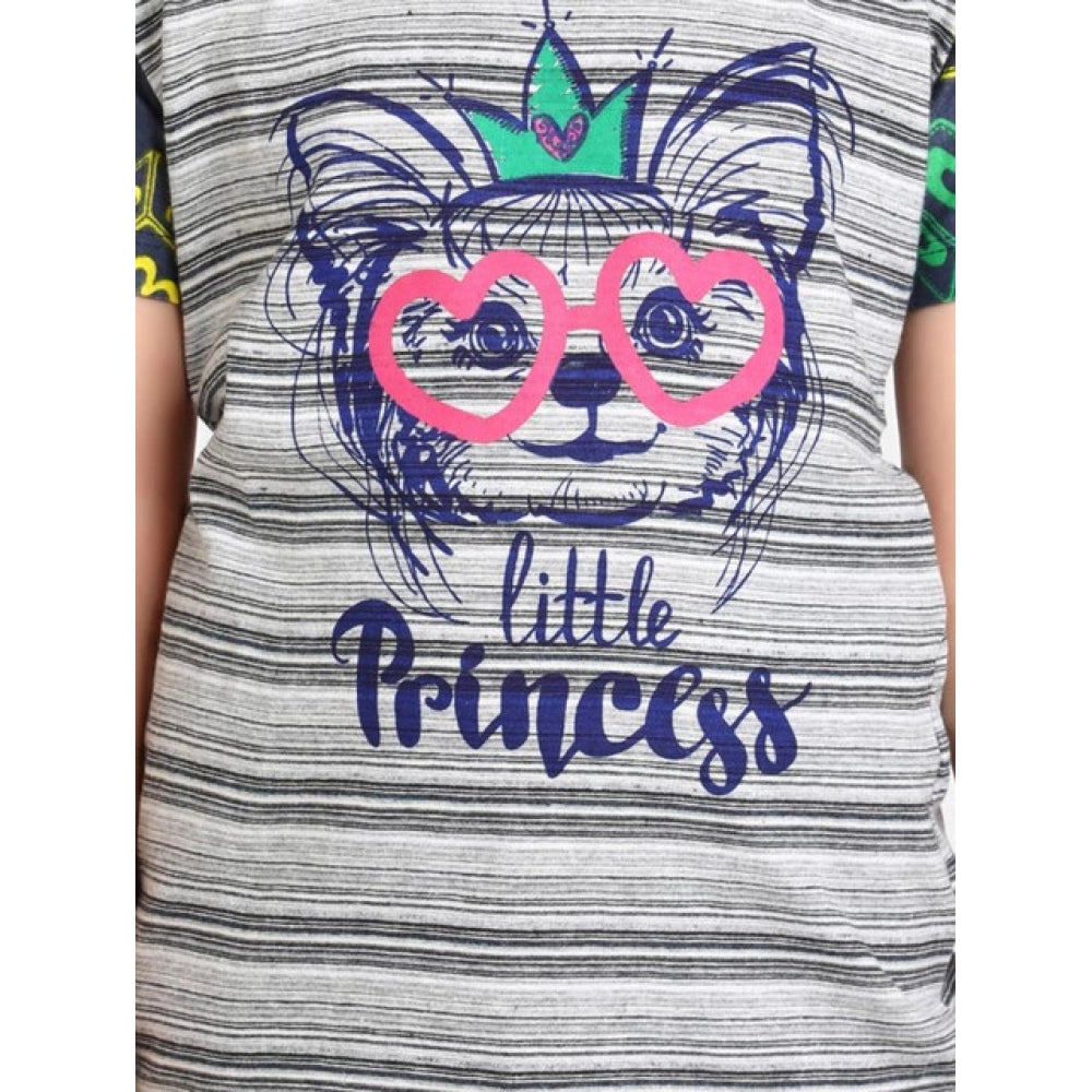 Grey-Green cotton hosiery printed night suit set for girls, short sleeve round neck sleepwear