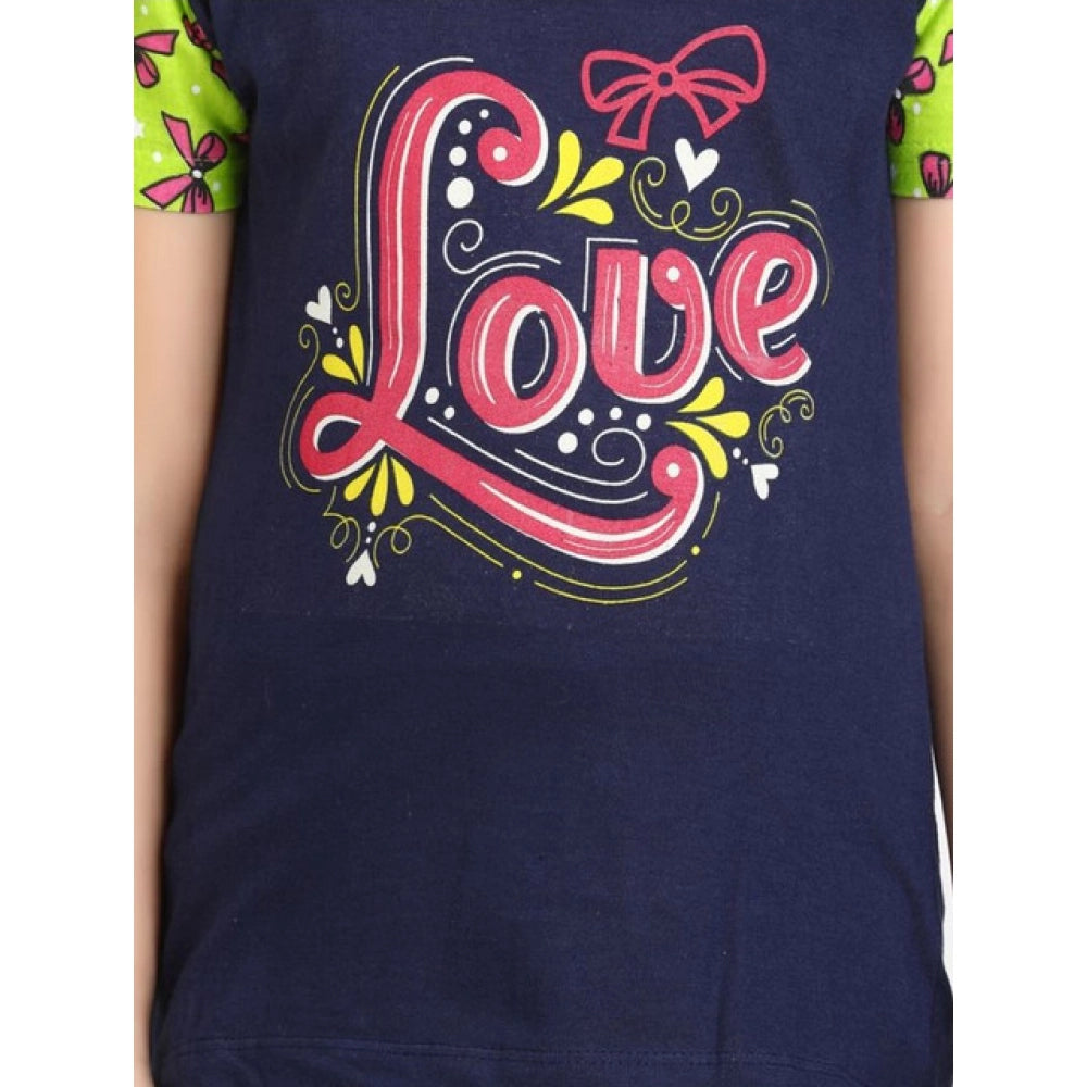 Navy-Green cotton hosiery printed night suit set for girls on display