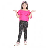 Pink cotton floral elasticated jegging and top set for girls with shoulder strap top and cotton lycra bottom, floral pattern
