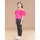 Pink cotton floral elasticated jegging and top set for girls, featuring a floral pattern and shoulder straps on the top