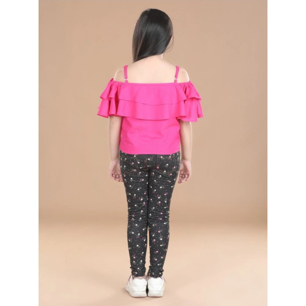 Pink cotton floral elasticated jegging and top set, flower pattern with shoulder strap top and elastic waist bottom