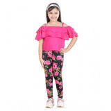 Black-Pink girls' cotton floral elasticated jegging & top set (floral pattern), cotton lycra material, elastic waist, shoulder straps