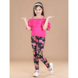 Black-Pink girls' cotton floral elasticated jegging and top set, floral pattern with shoulder strap top and elastic waist bottom