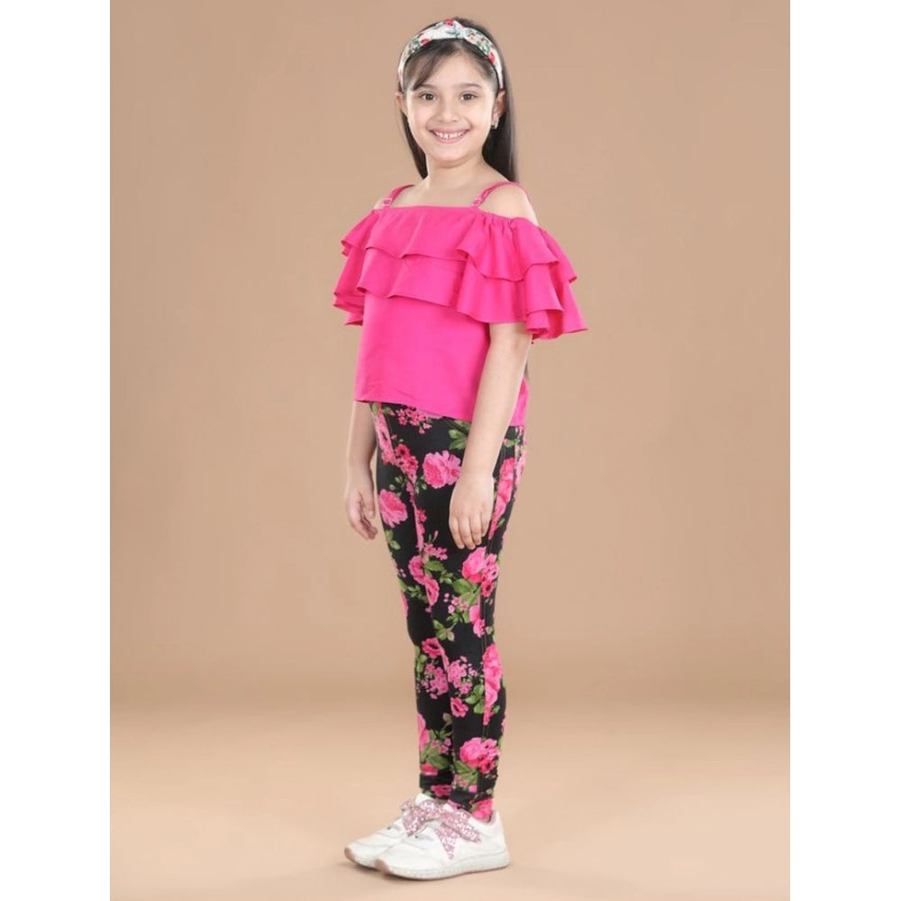 Black-Pink girls cotton floral elasticated jegging & top set, floral pattern, cotton lycra material. Elasticated waist, shoulder strap neck type