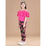Black-Pink girls cotton floral elasticated jegging & top set, floral pattern, cotton lycra material. Elasticated waist, shoulder strap neck type