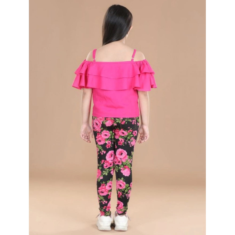 Black-Pink girls' floral cotton elastic jegging & top set, featuring elastic waist and shoulder straps on top