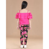 Black-Pink girls' floral cotton elastic jegging & top set, featuring elastic waist and shoulder straps on top